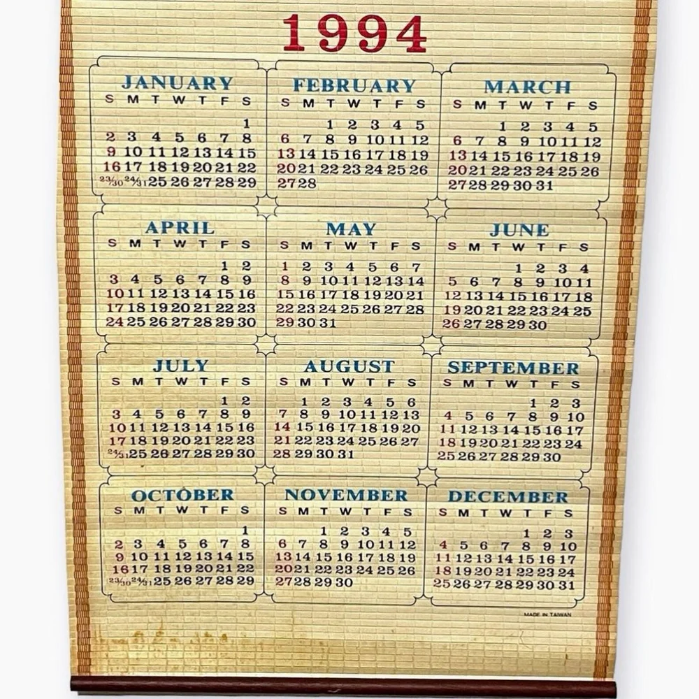 Vintage 1994 Bamboo Wall Calendar Roll Up Primitive Americana Country Folk Art